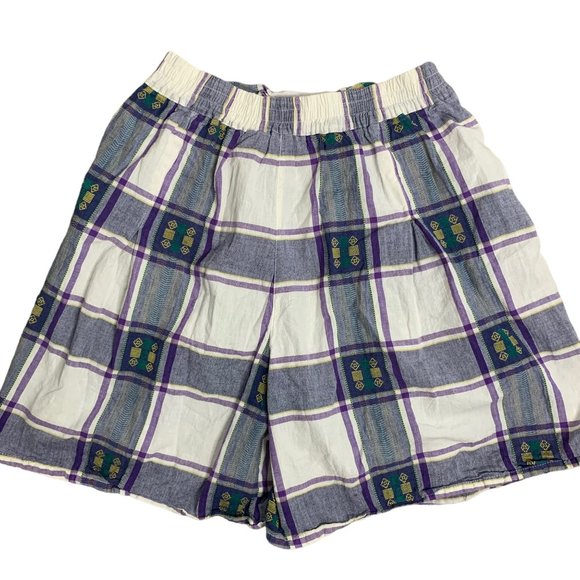 Vintage Button Up Shirt Shorts Set M Purple Plaid Embroidered Pockets Elastic - Picture 11 of 11